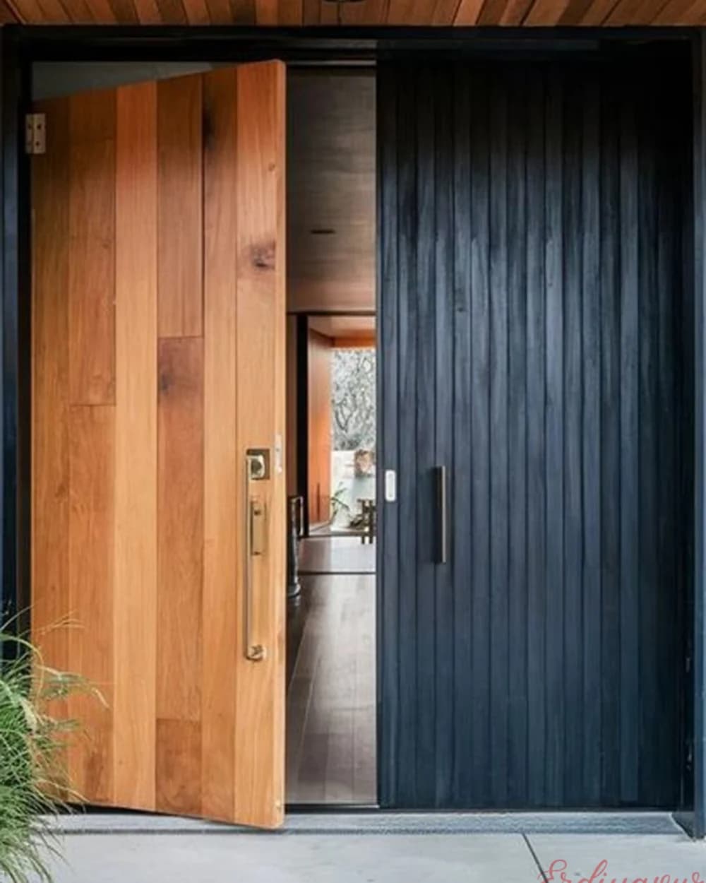 Honey-Toned and Black Double Leaf Pivot Door — product code BY-203