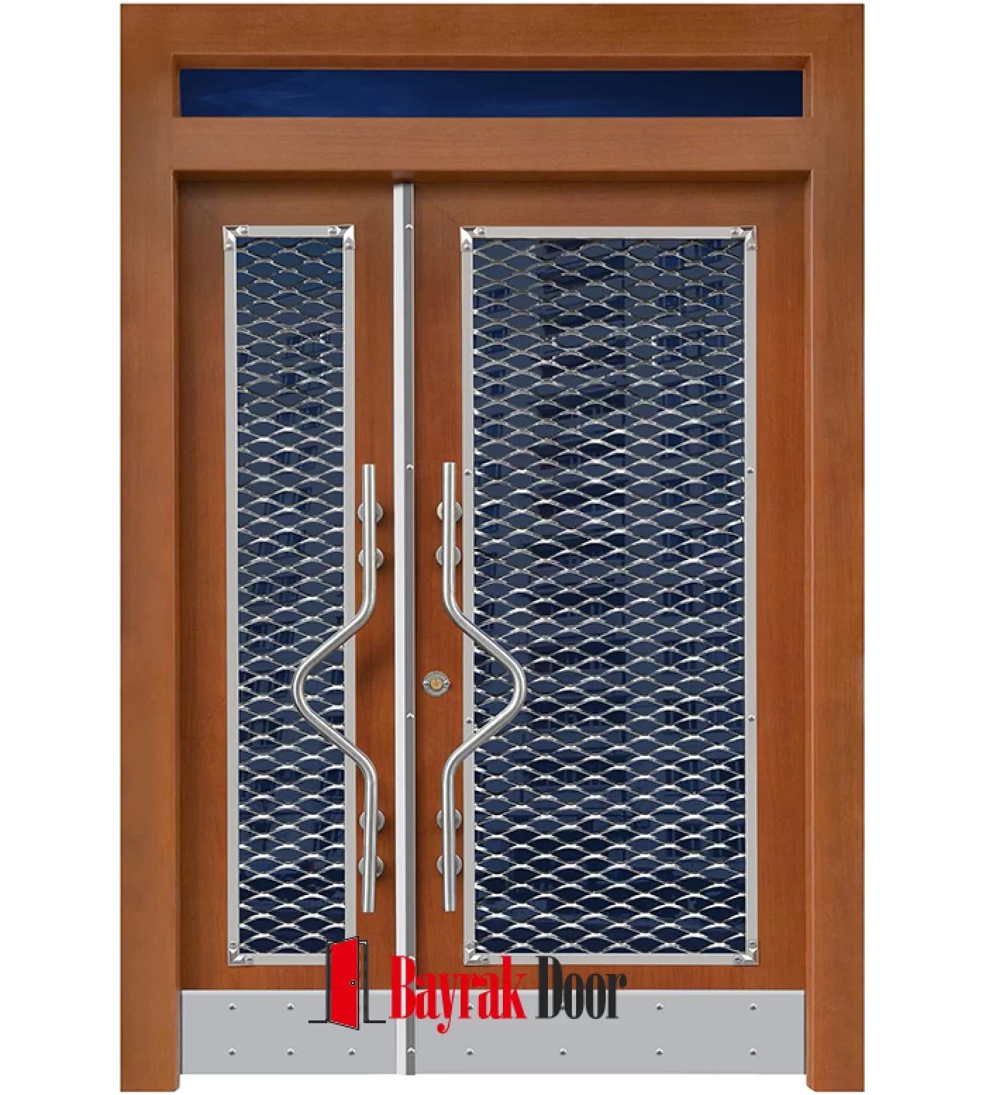 Honeycomb Grille Honey-Toned Wood Building Entrance Door TR539 — Glass shielded by a honeycomb-textured metal grille on a honey-toned body