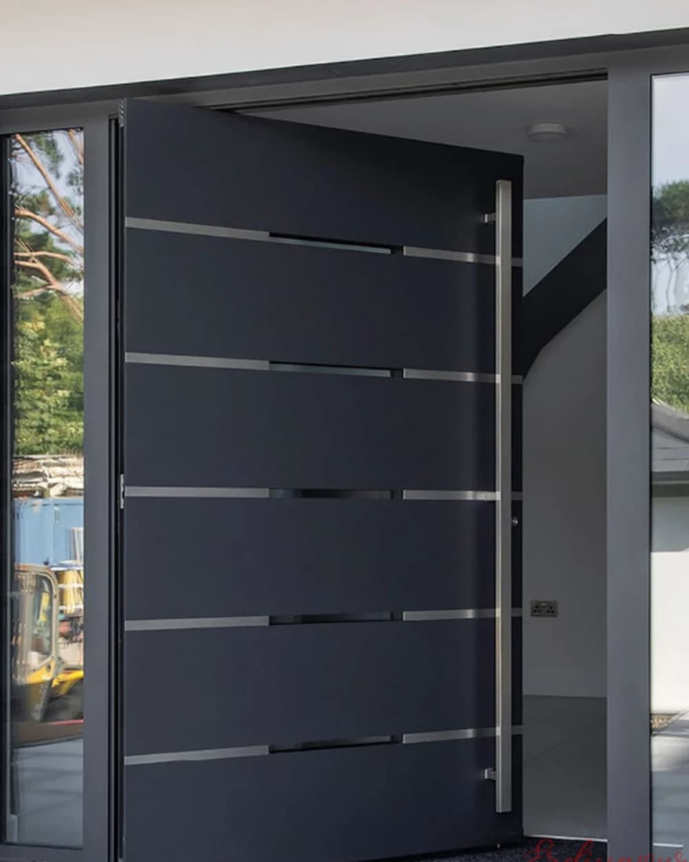 Anthracite Pivot Villa Door with Horizontal Chrome Banding — product code BY-139