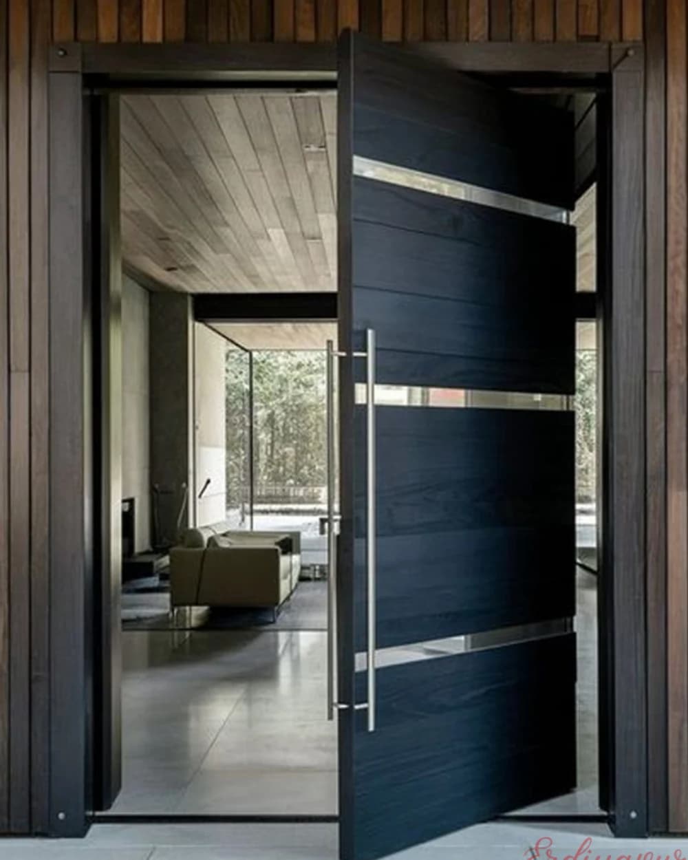 Anthracite Wide-Leaf Pivot Door with Horizontal Chrome Bands — product code BY-295