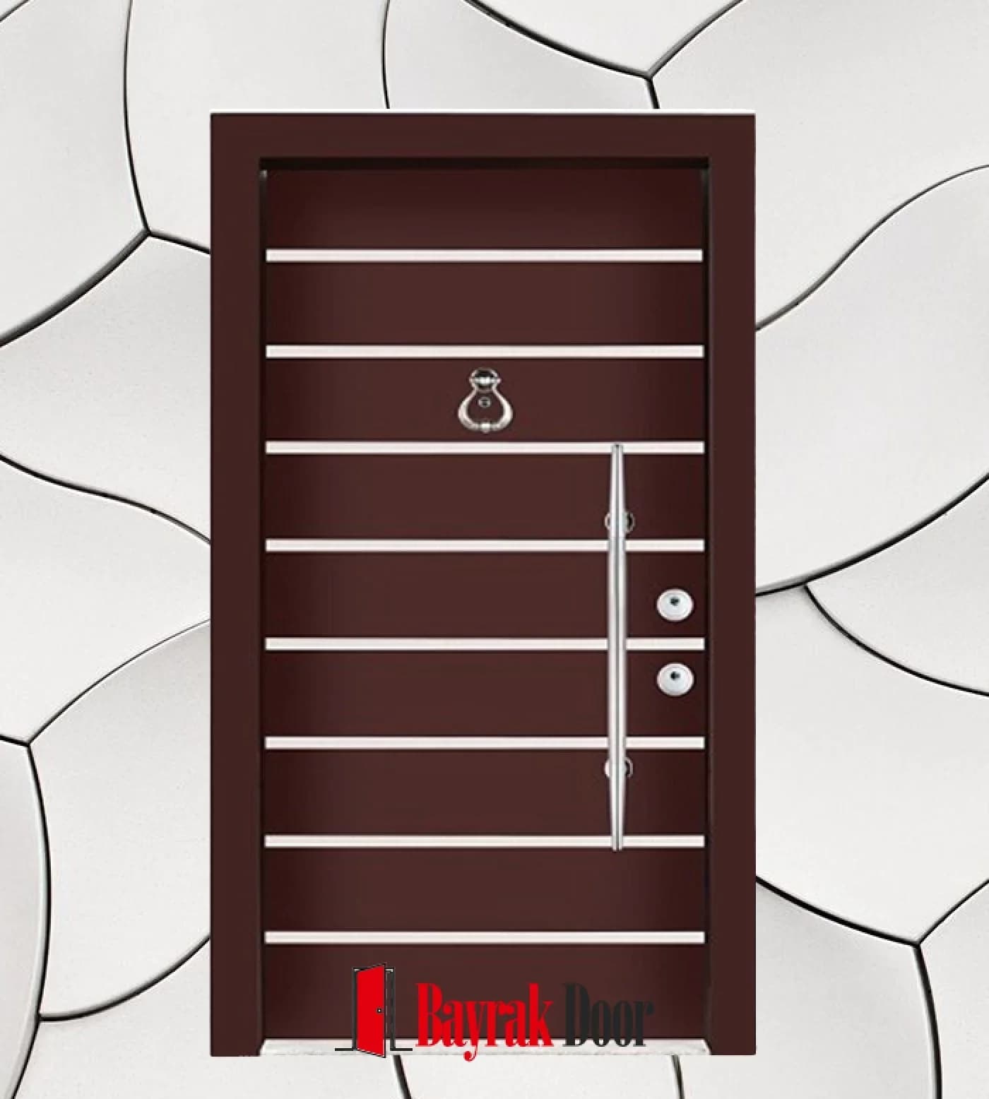 Horizontal Cream Burgundy Cherry Steel Door C-TR702 — Evenly spaced cream horizontal stripes on a burgundy face with a long vertical handle