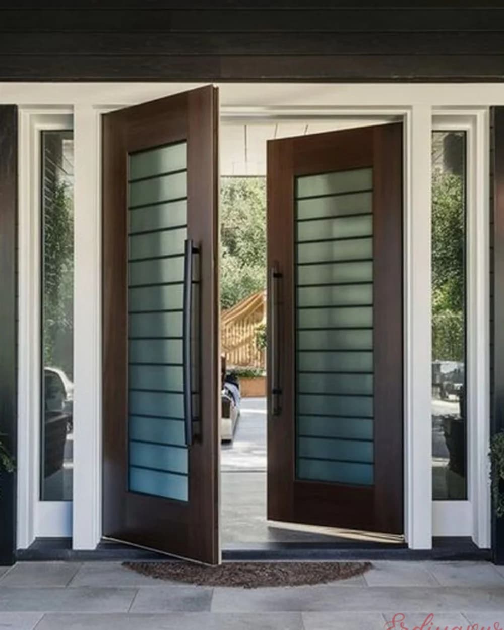 Dark Walnut Pivot Door with Horizontal Glass Strips and White Frame — product code BY-305