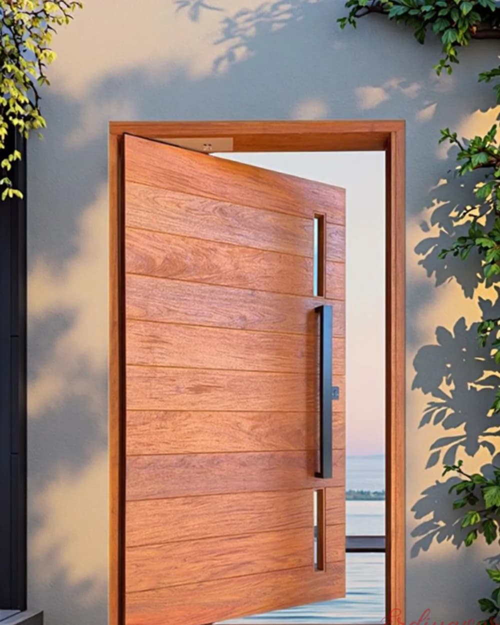 Honey-Toned Wooden Pivot Villa Door with Horizontal Grain — product code BY-82
