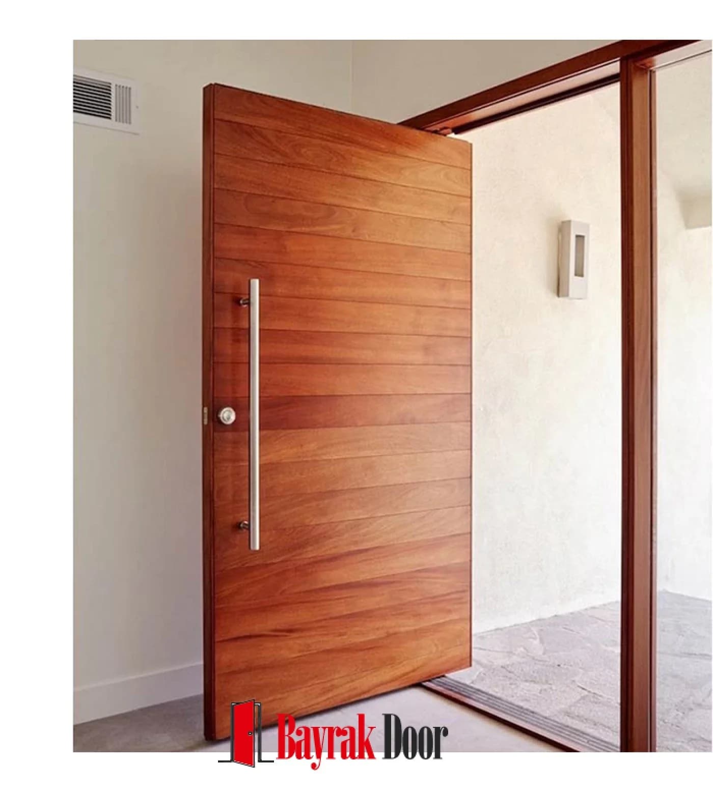 Horizontal Grain Red Mahogany Pivot Steel Door TR317 — Plain pivot leaf with red mahogany grain running across its full width