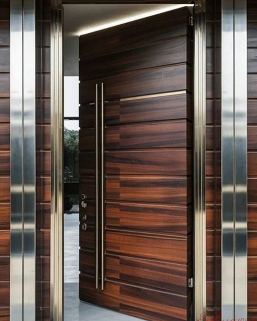 Red Walnut Horizontal Grain Pivot Door with Chrome Frame — product code BY-212