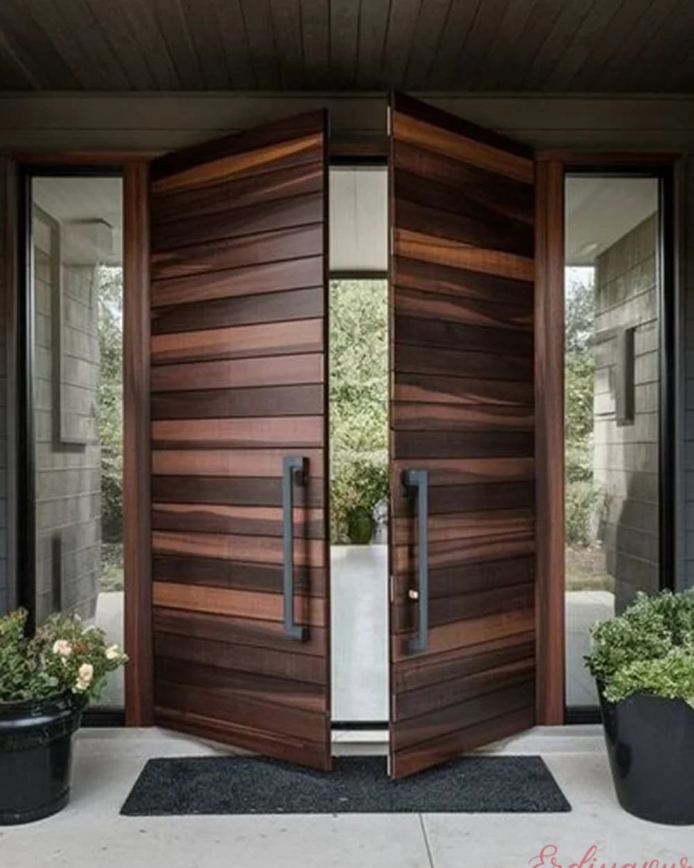 Red Walnut Double-Leaf Pivot Door with Horizontal Grain — product code BY-149