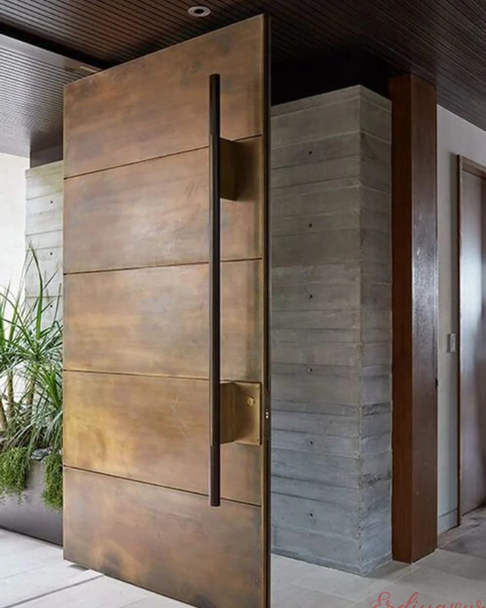 Walnut Pivot Door with Horizontal Grain and Steel Handle — product code BY-114