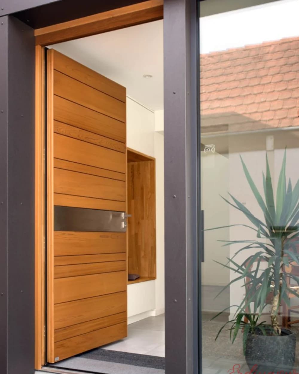 Golden Walnut Pivot Door with Horizontal Grain and Glass — product code BY-86