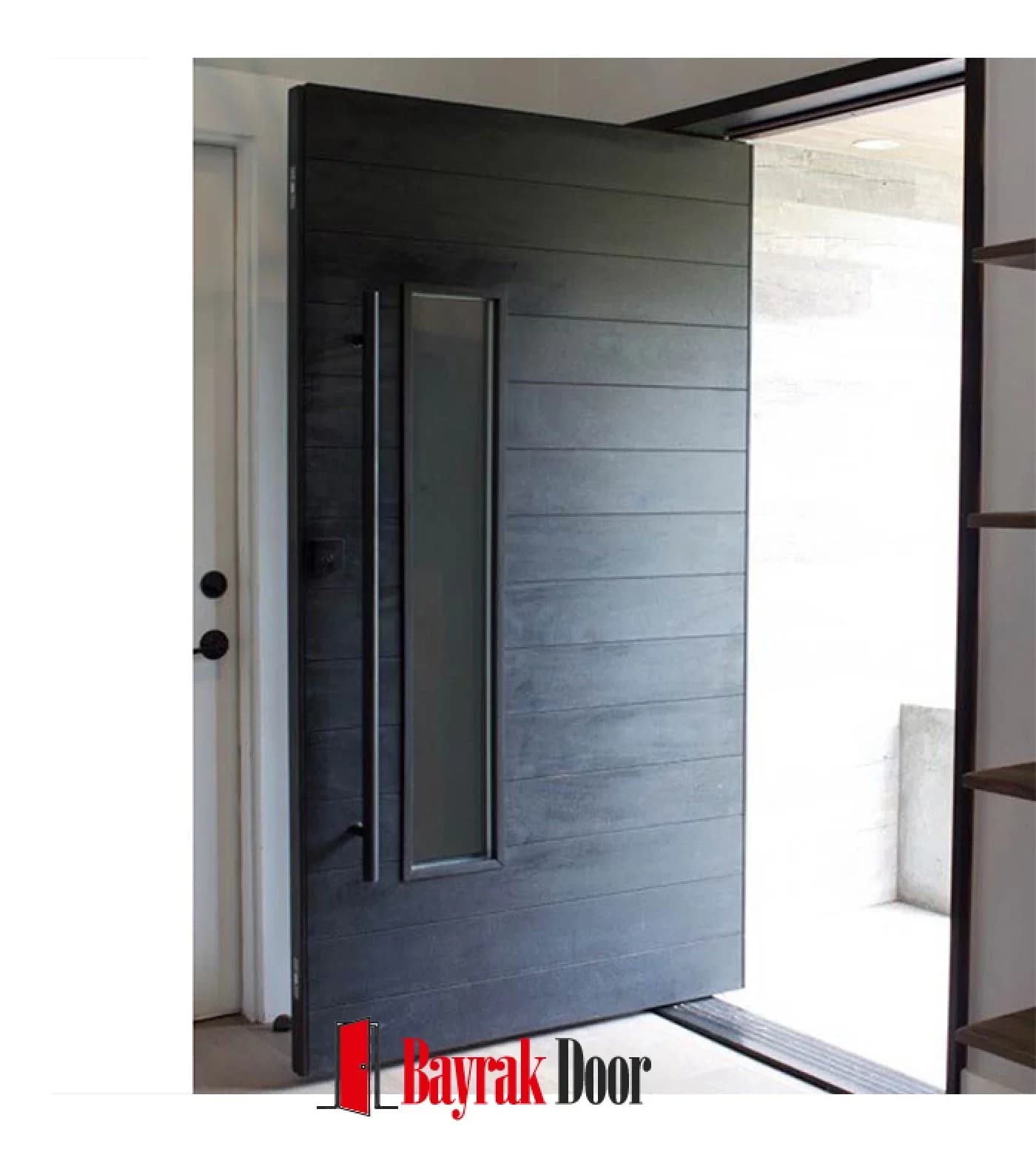 Horizontal Slat Anthracite Grey Pivot Steel Door TR339 — Anthracite grey horizontally slatted pivot with a long vertical handle recessed into the leaf