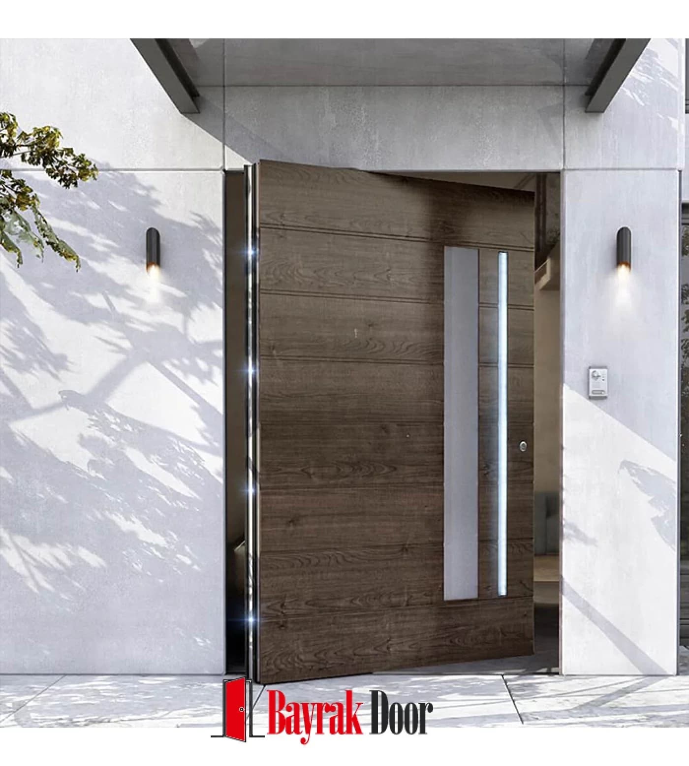 Horizontal Slat Dark Walnut Pivot Steel Door TR352 — Horizontally slatted dark walnut pivot with a narrow vertical glass strip at its edge