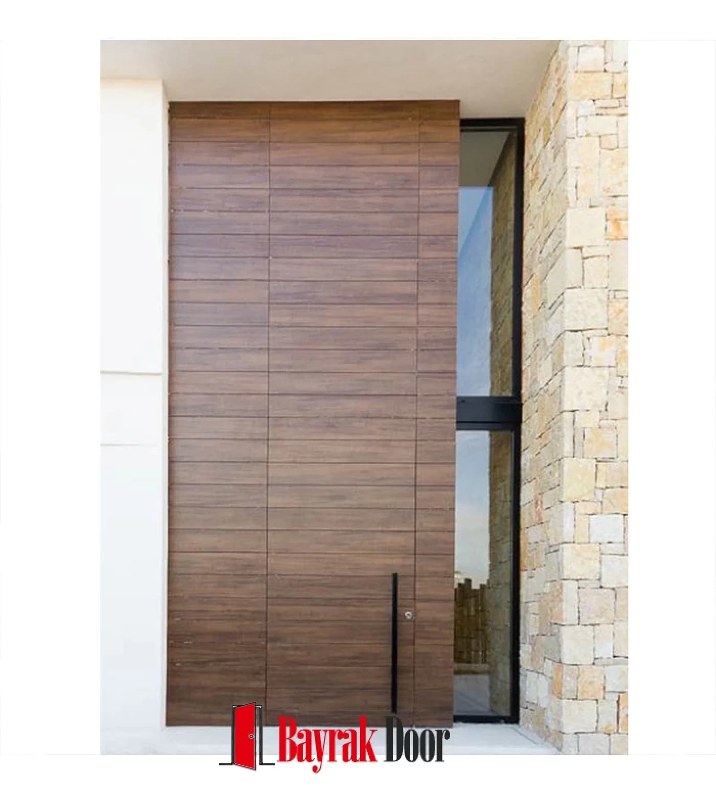 Horizontal Slat Walnut Pivot Steel Door TR304 — Horizontally slatted walnut pivot in front of a stone facade, with a slim black handle