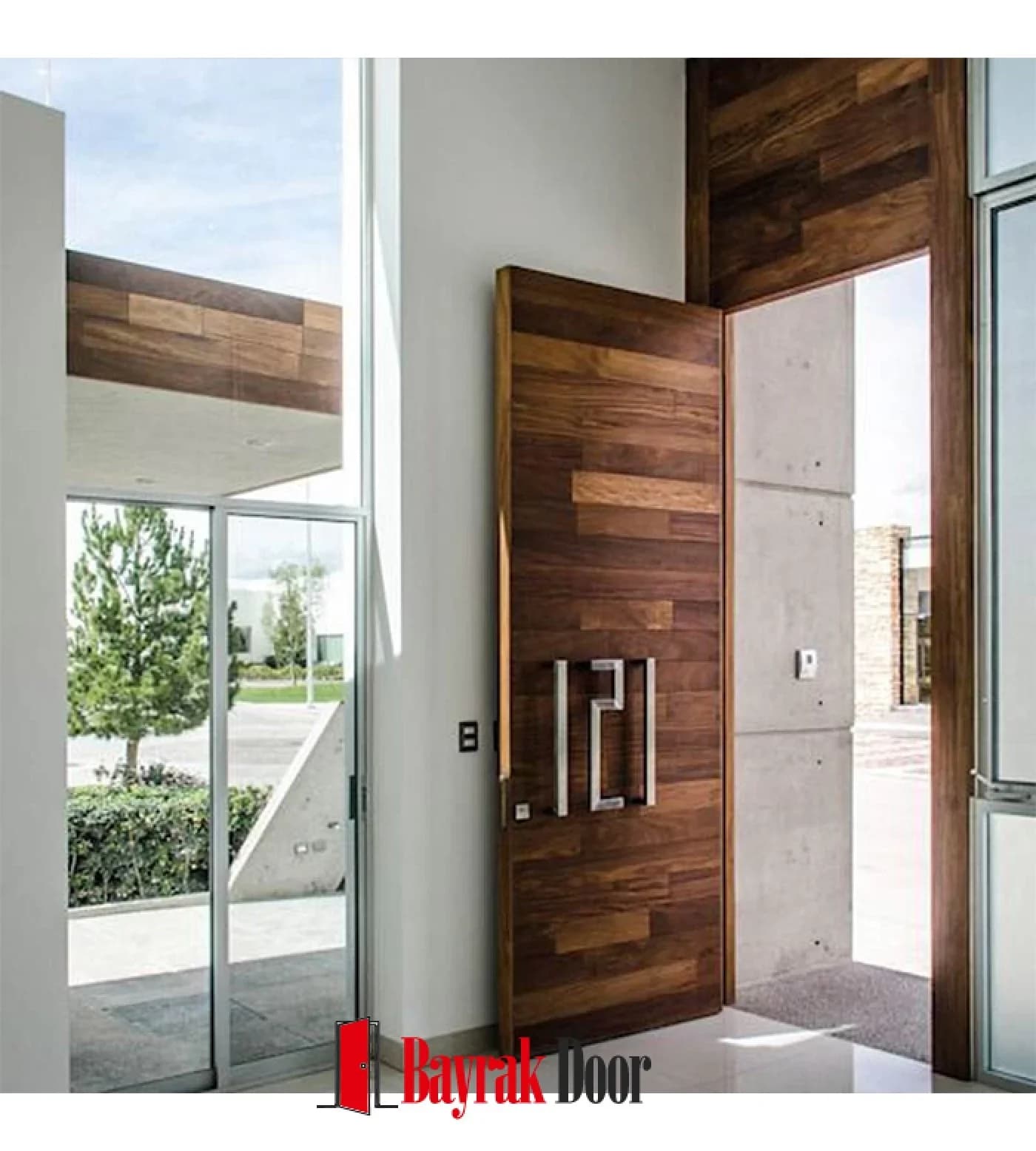 Horizontal Slat Walnut Pivot Steel Door TR306 — Horizontally slatted walnut pivot with a stainless steel house number on the leaf