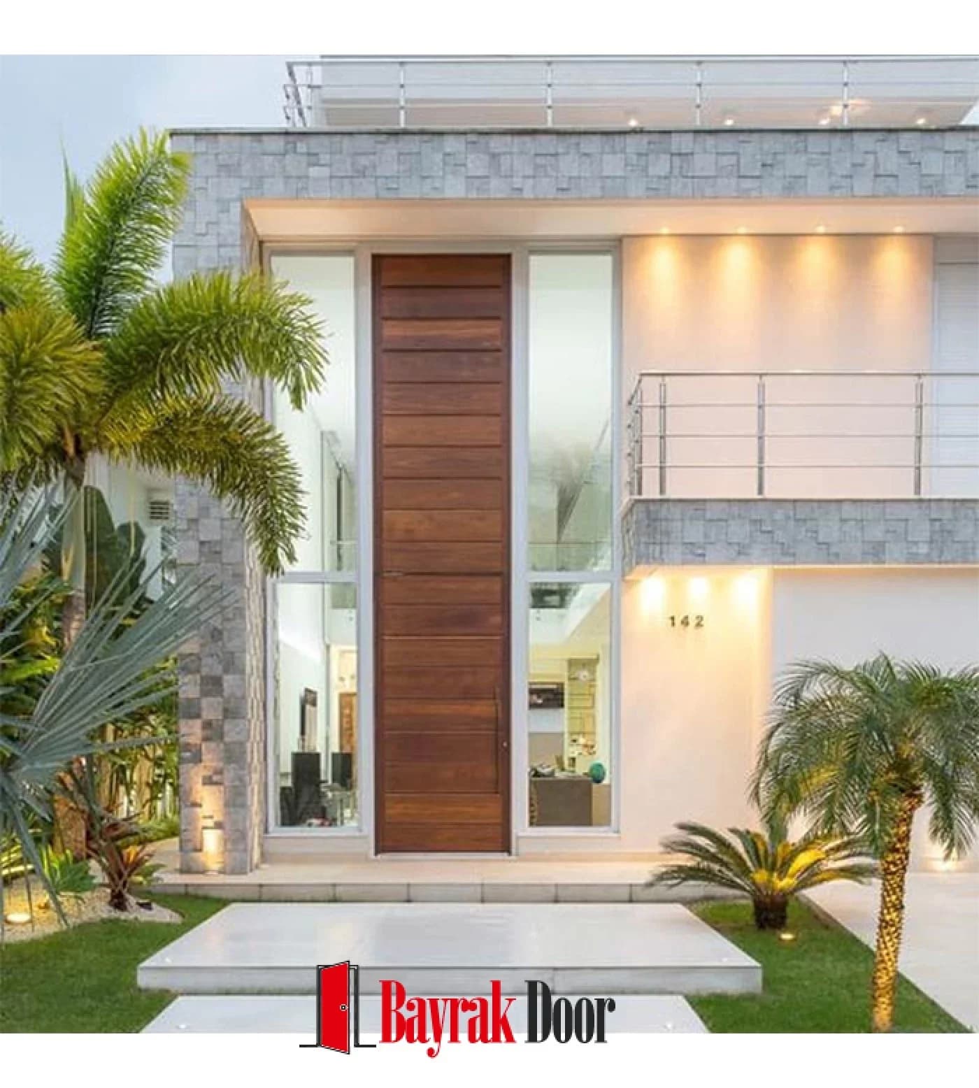 Horizontal Slat Walnut Pivot Steel Door TR308 — Two-story-high horizontally slatted walnut pivot leaf