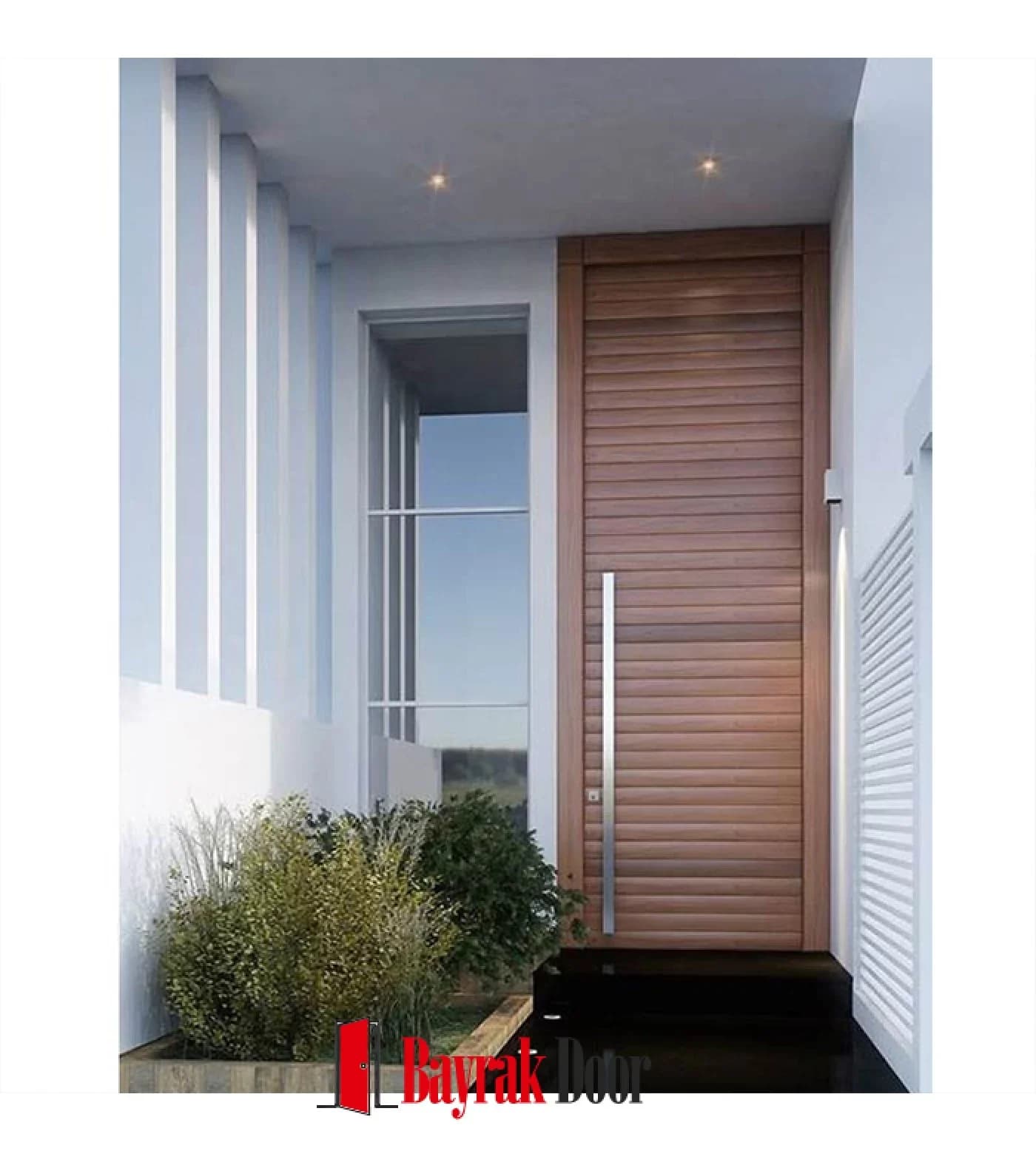 Horizontal Slat Walnut Pivot Steel Door TR320 — Horizontally slatted walnut pivot leaf against a minimal white facade