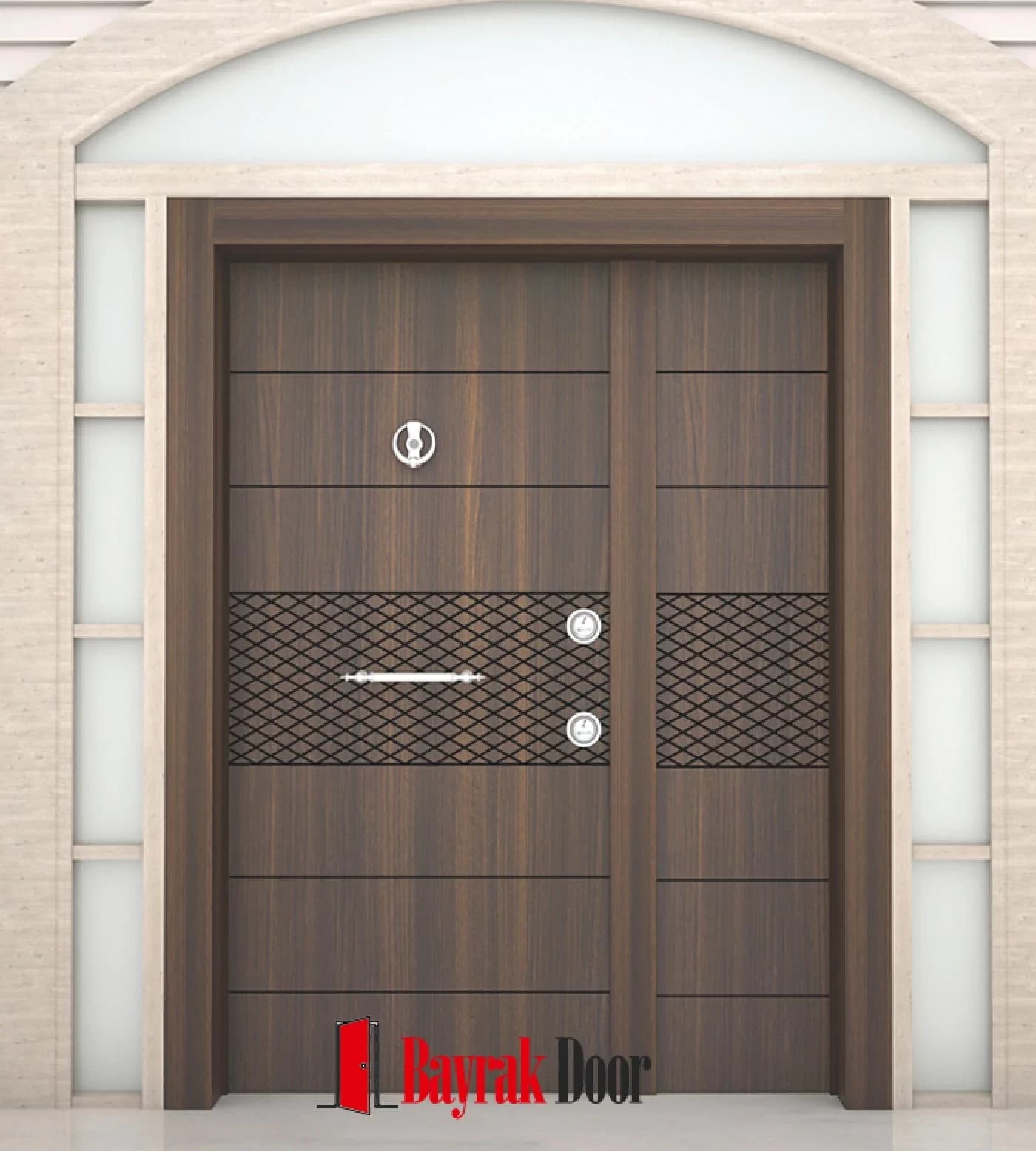 Horizontal Line Dark Walnut Wenge Villa Door BD-TR15 — Diamond-textured embossed band cutting across a horizontally lined dark wenge surface