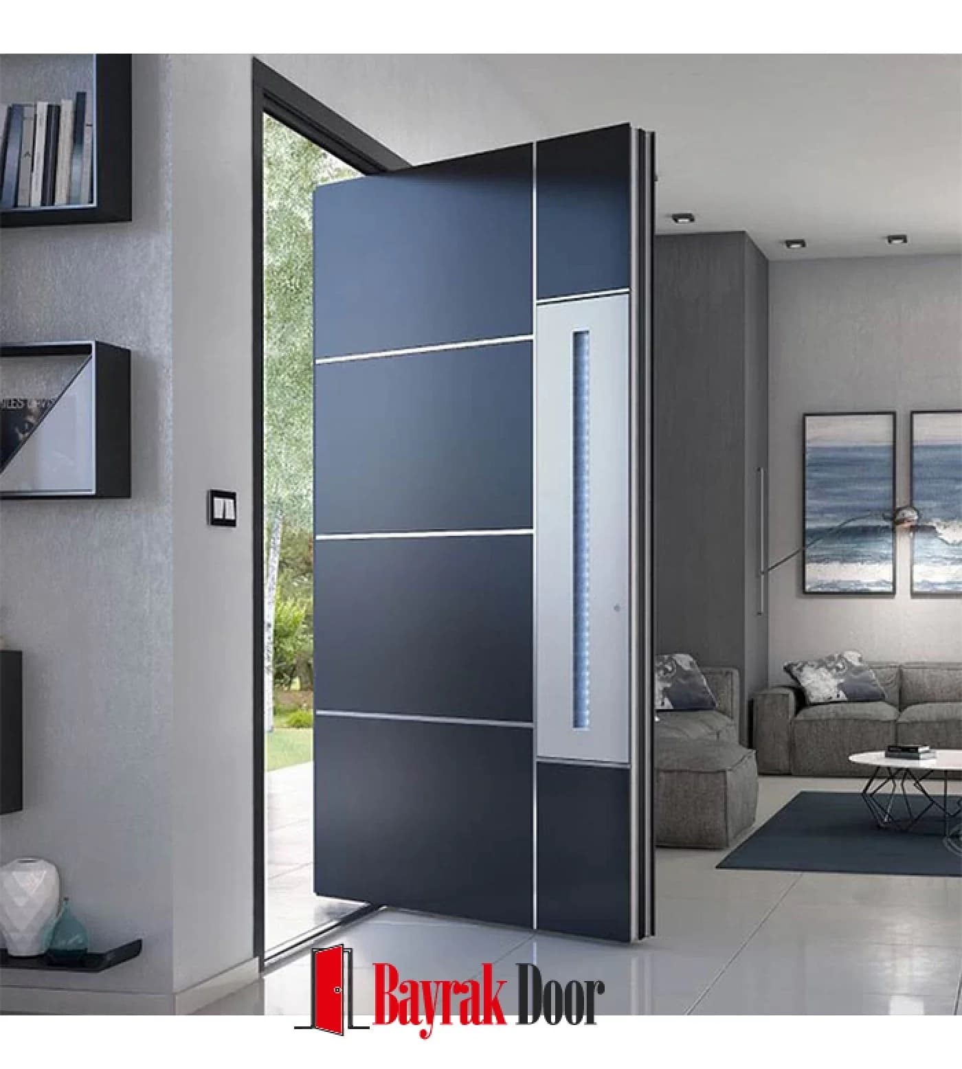 Horizontally Divided Anthracite Pivot Steel Door TR351 — Horizontally divided anthracite pivot with a vertical LED strip and a narrow glass band