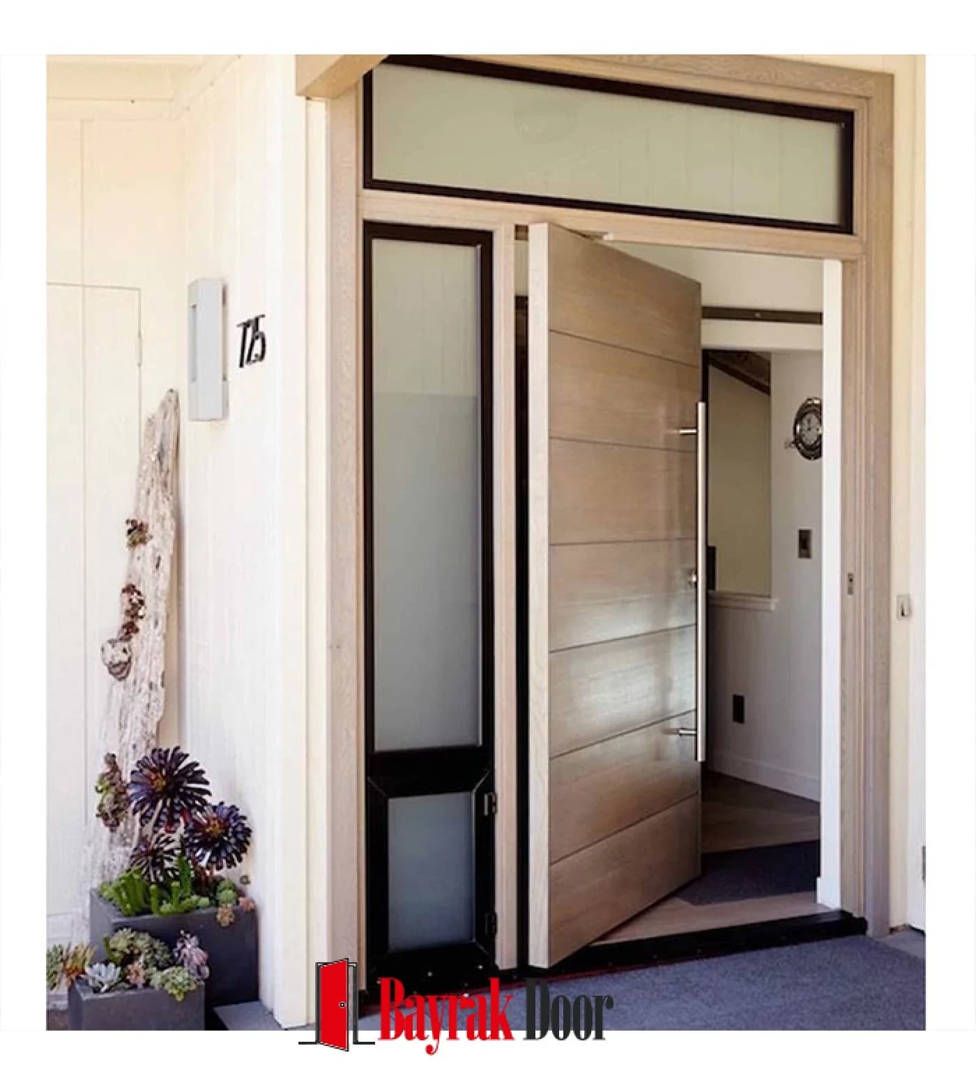 Horizontal Slat Light Wood Pivot Steel Door TR301 — Light wood horizontally slatted pivot beside a black-framed divided window