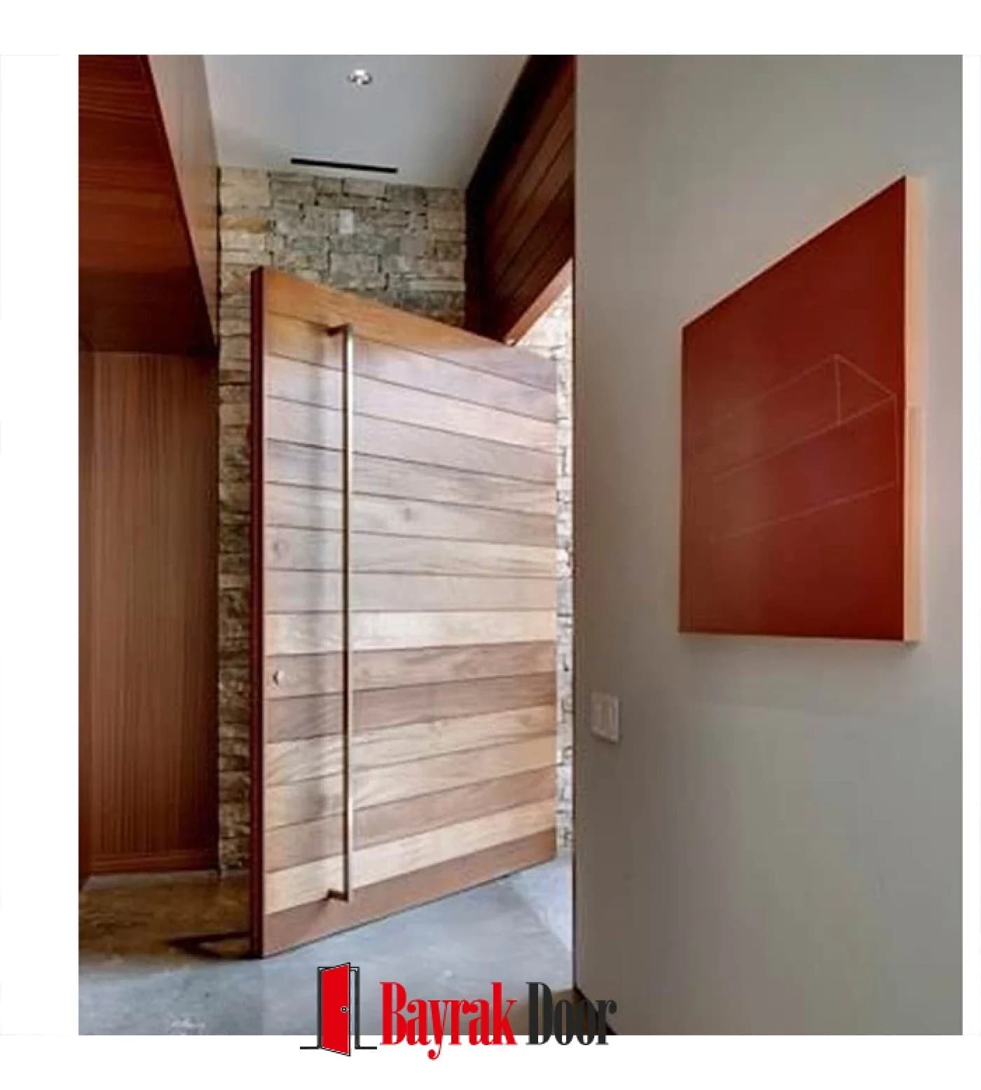 Horizontal Slat Light Wood Pivot Steel Door TR337 — Horizontally slatted light wood pivot leaf with a full-height vertical handle