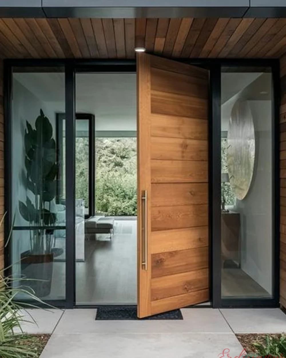 Red Walnut Horizontal Slat Pivot Door on a Glass Facade — product code BY-326