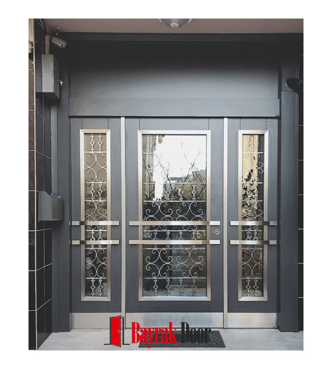 Horizontal Stainless Steel Anthracite Grey Metallic Building Entrance Door TR511 — Wrought iron caged glass and horizontal stainless steel bars on a metallic anthracite body