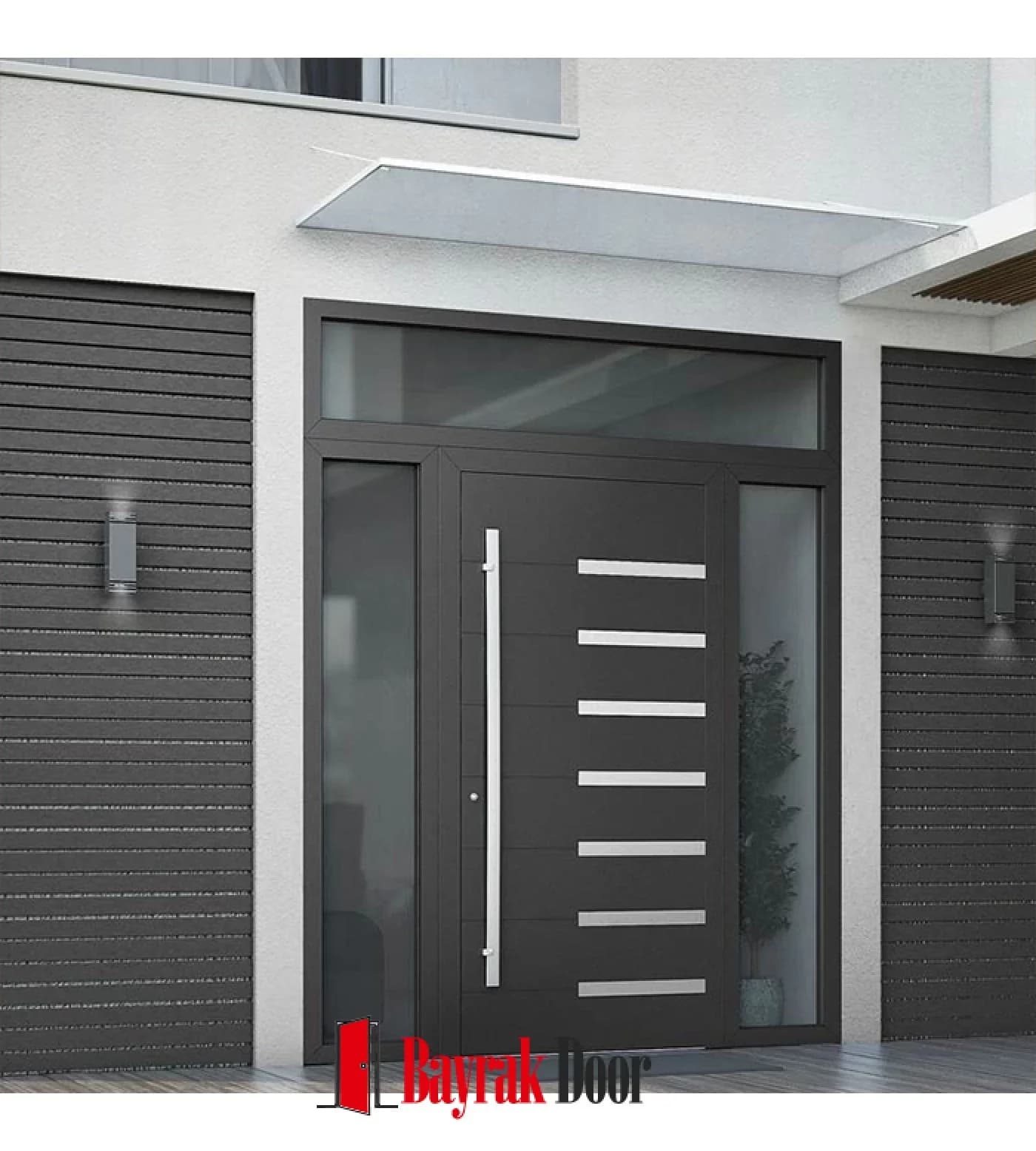 Horizontal Stainless Steel Anthracite Grey Pivot Steel Door TR347 — Group of horizontal stainless steel lines on an anthracite pivot, with a sidelight and transom
