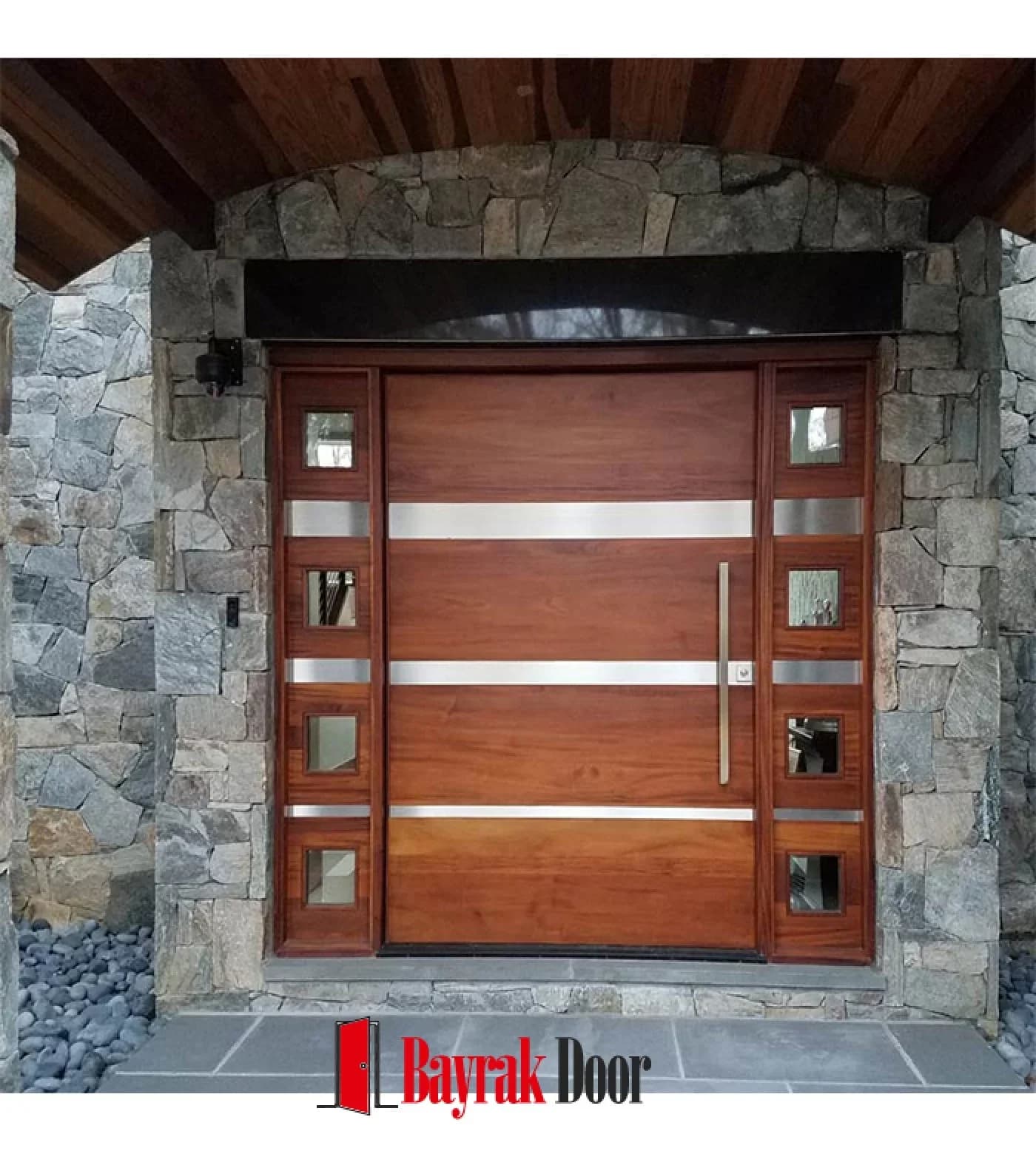 Horizontal Stainless Steel Red Wood Pivot Steel Door TR318 — Red wood pivot set in a stone facade, with horizontal stainless steel bands and divided glazing