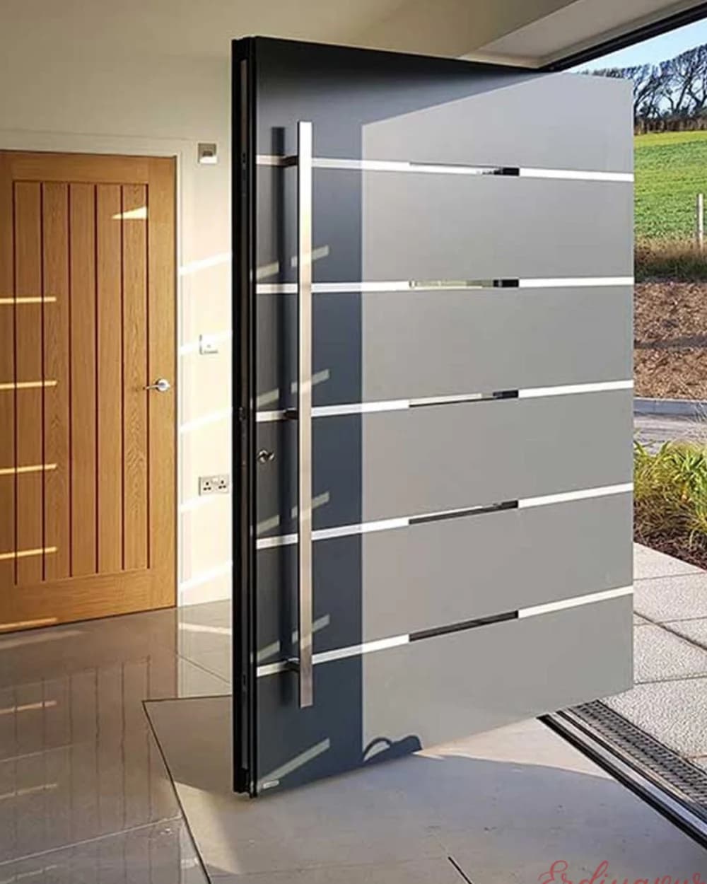 Oversized Grey Pivot Door with Horizontal Steel Banding — product code BY-140
