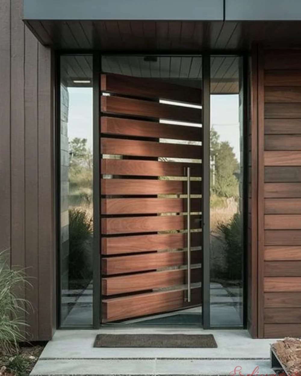 Red Walnut Pivot Door with Horizontal Steel Bands and Sidelight — product code BY-283