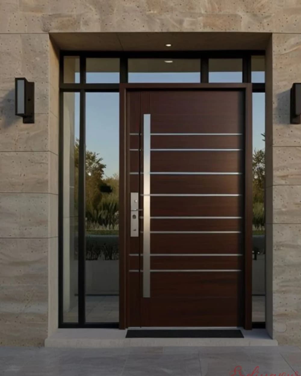 Walnut Pivot Door with Horizontal Steel Slats and Sidelight — product code BY-48