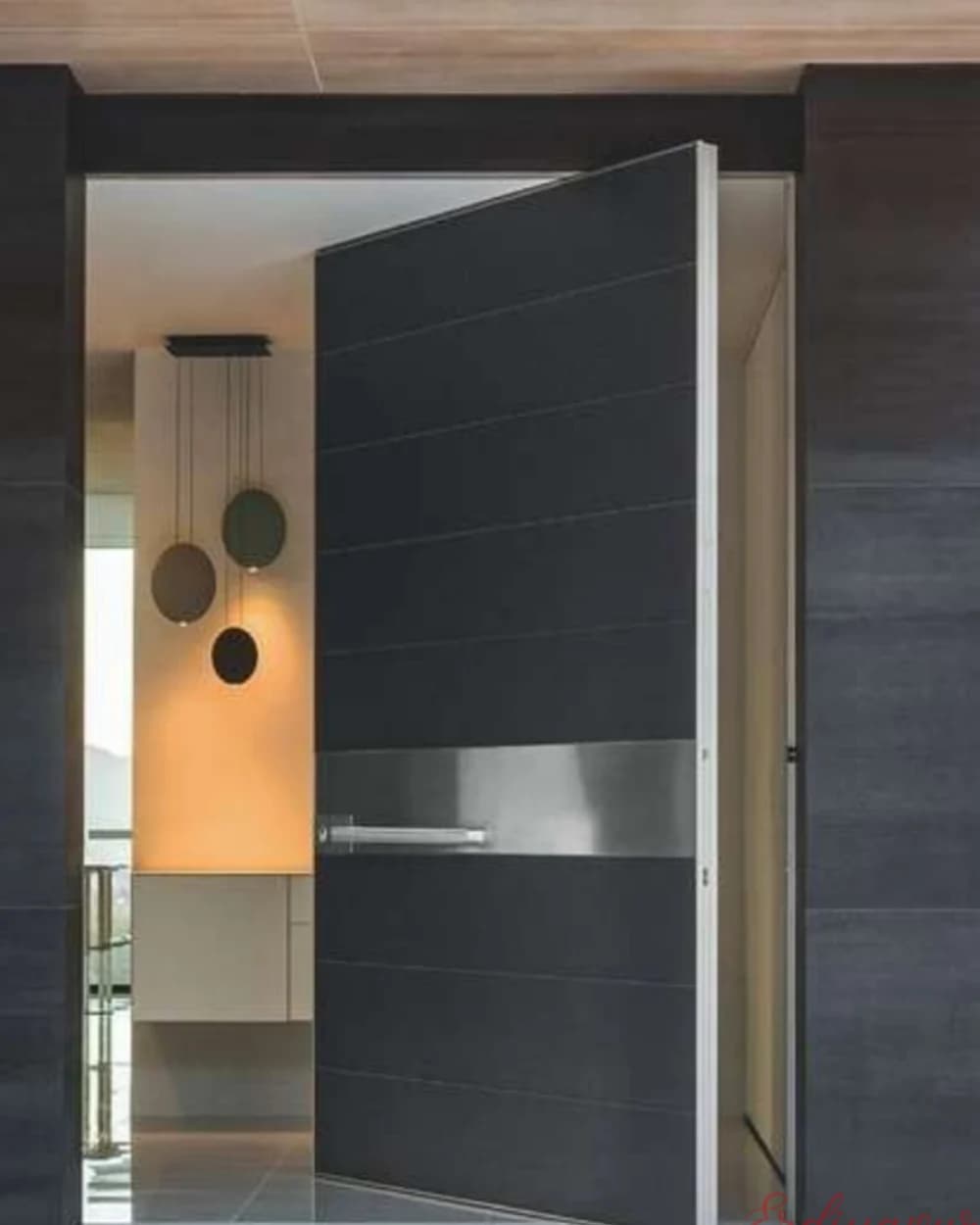 Horizontal Steel Strip Anthracite Pivot Door — product code BY-14