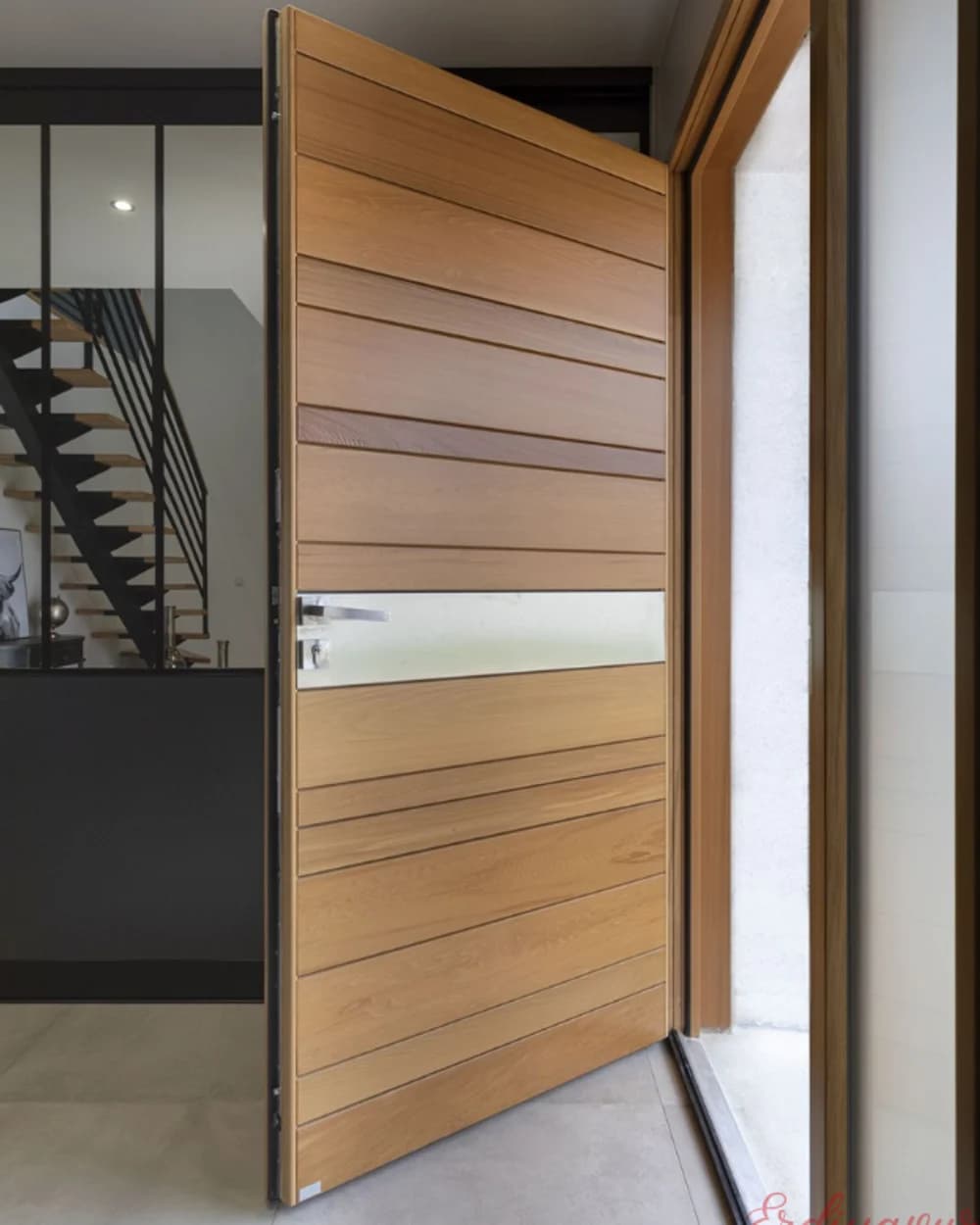 Honey-Toned Pivot Door with Horizontal Steel Strips — product code BY-84