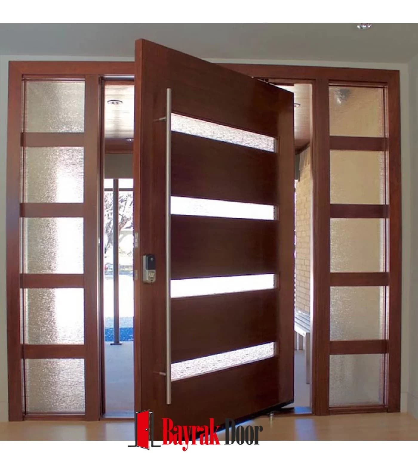 Horizontal White Red Wood Pivot Steel Door TR354 — Horizontal white strips on a red wood pivot, with divided frosted glass alongside