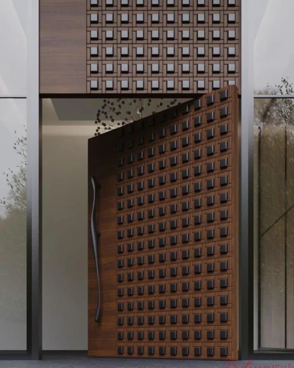 Oversized Copper-Toned Wooden Pivot Door with Lattice Texture — product code BY-79