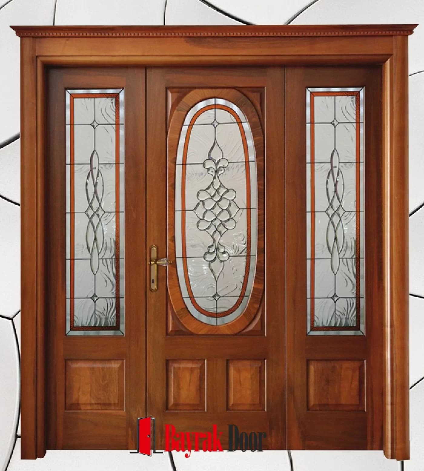 Leaded Glass Honey-Toned Walnut Villa Door BD-TR13 — Honey-toned walnut villa door with an oval stained glass medallion at its center