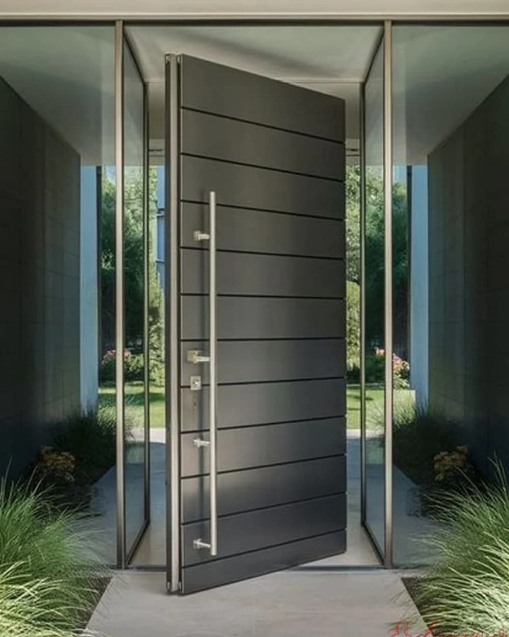 Anthracite Pivot Door with Long Chrome Handle and Sidelight — product code BY-217