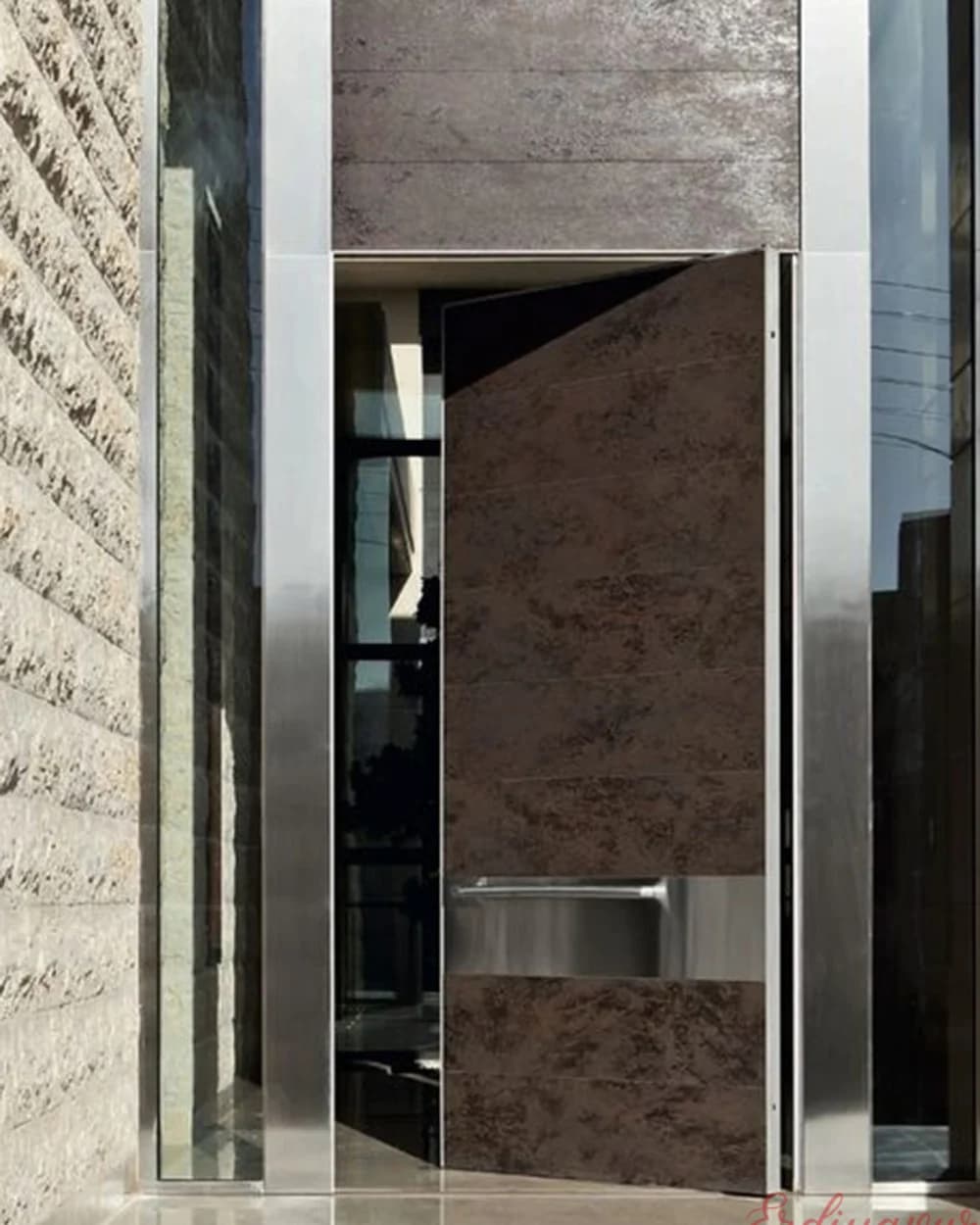 Brown Marble-Patterned Pivot Door for a Narrow Entrance — product code BY-178