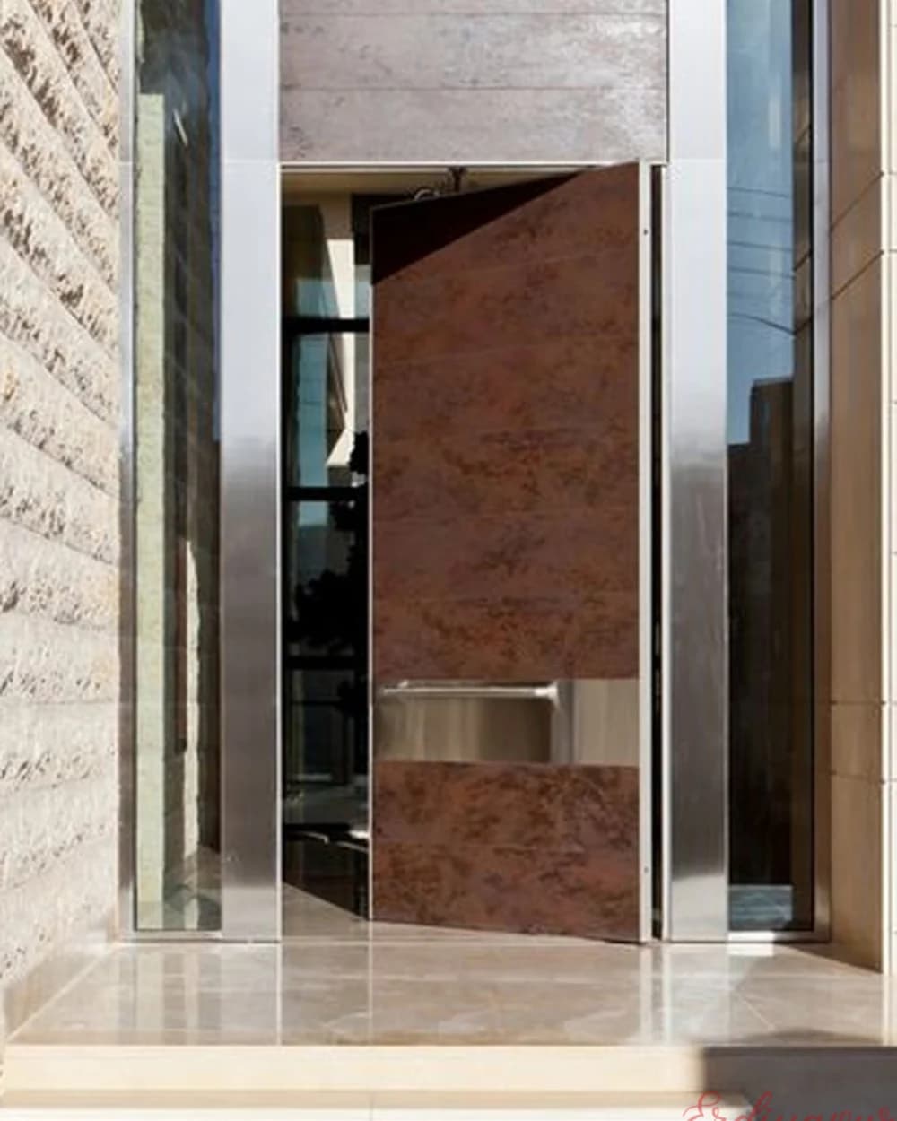 Brown Marble-Patterned Pivot Door in a Mirrored Entrance — product code BY-185