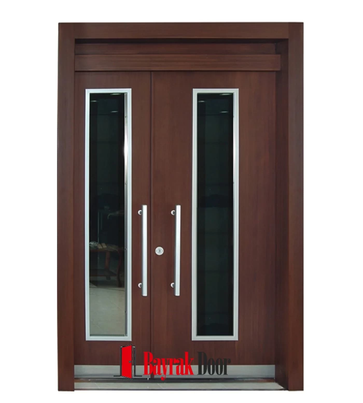 Plain Dark Walnut Building Entrance Door TR541 — Plain dark walnut face with two narrow vertical stainless steel framed windows