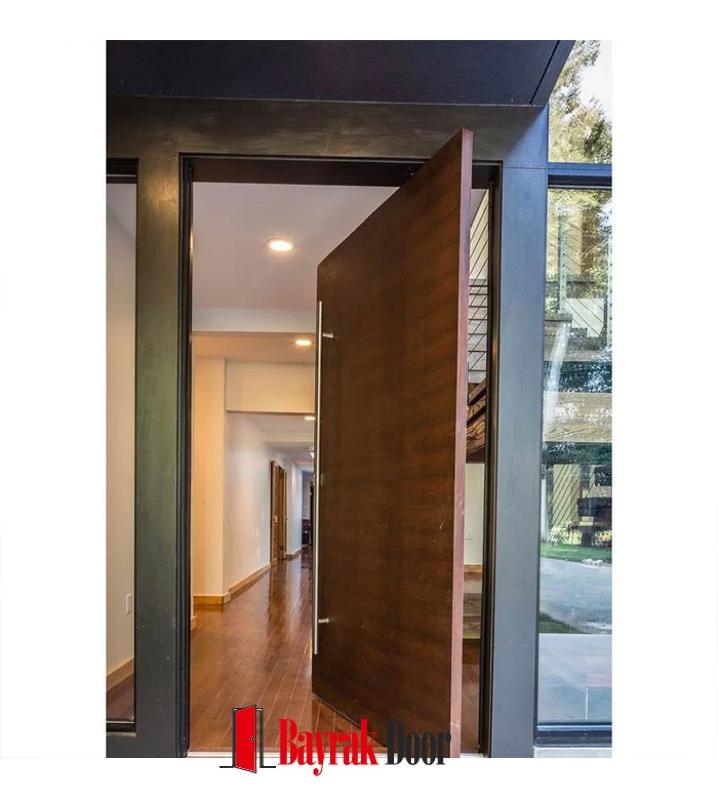 Plain Dark Walnut Pivot Steel Door TR331 — Plain dark walnut pivot leaf in a black frame