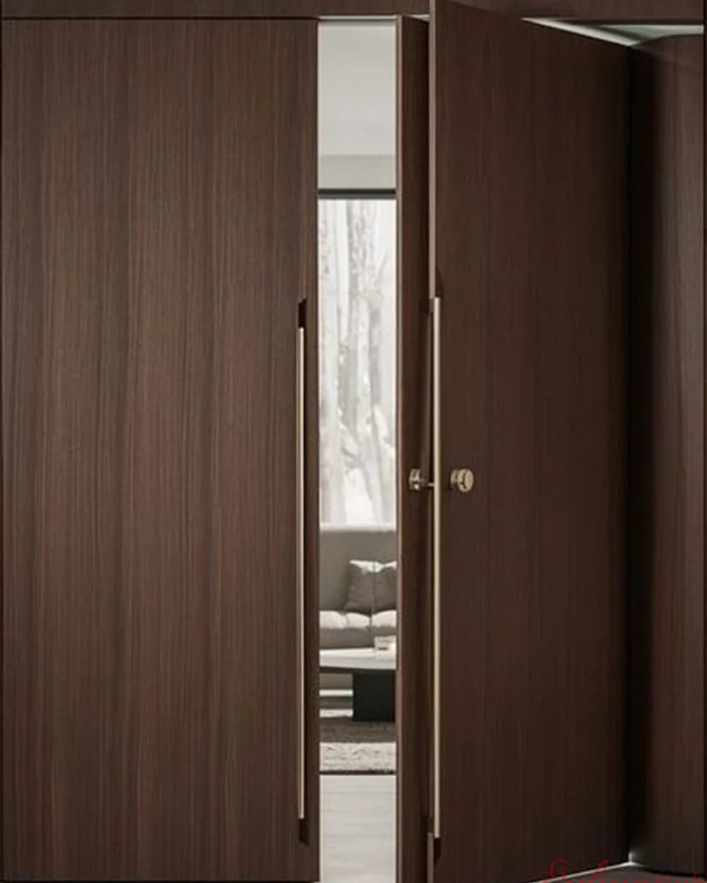 Plain Dark Walnut Pivot Door with Narrow Glass Strip — product code BY-218
