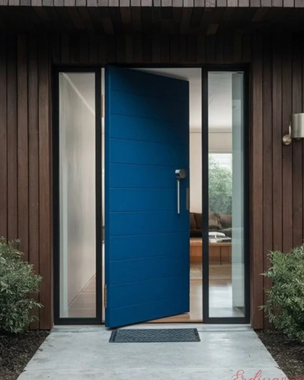Plain Petrol Blue Pivot Door on a Wood Facade — product code BY-300