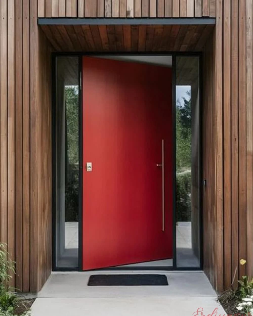 Plain Red Pivot Door on a Wood Facade — product code BY-225
