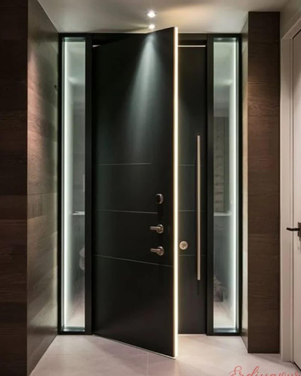 Anthracite Pivot Door with Narrow Glass Strip and Chrome Handle — product code BY-310