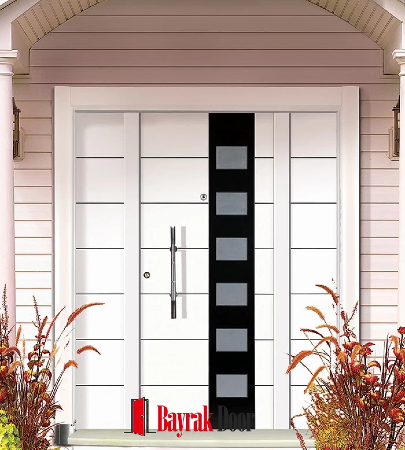 Fine Horizontal Line White Villa Door BD-TR16 — Black vertical band lined with square windows on a white horizontally striped surface