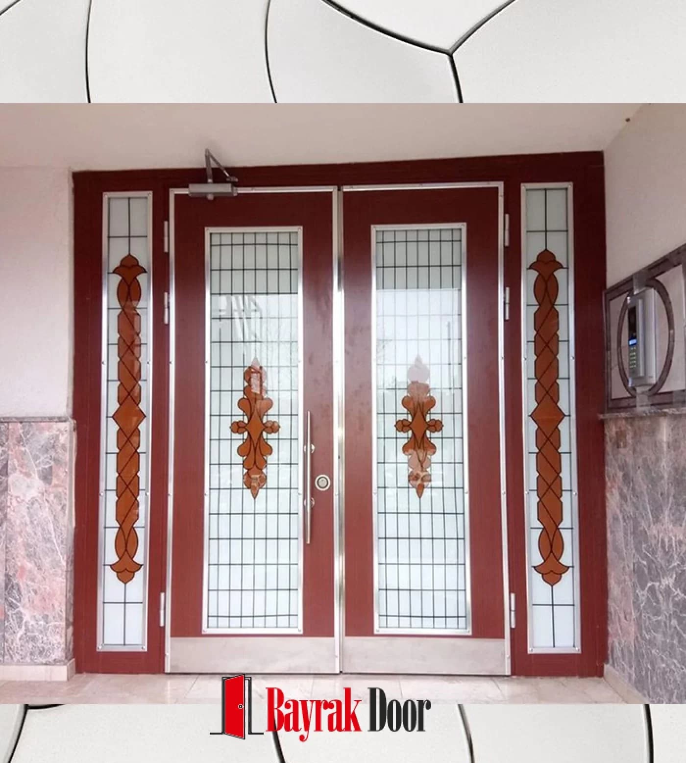 Orange Wood Burgundy Red Villa Door BD-TR118 — Square stained glass panes and orange wood medallion appliques on a burgundy body