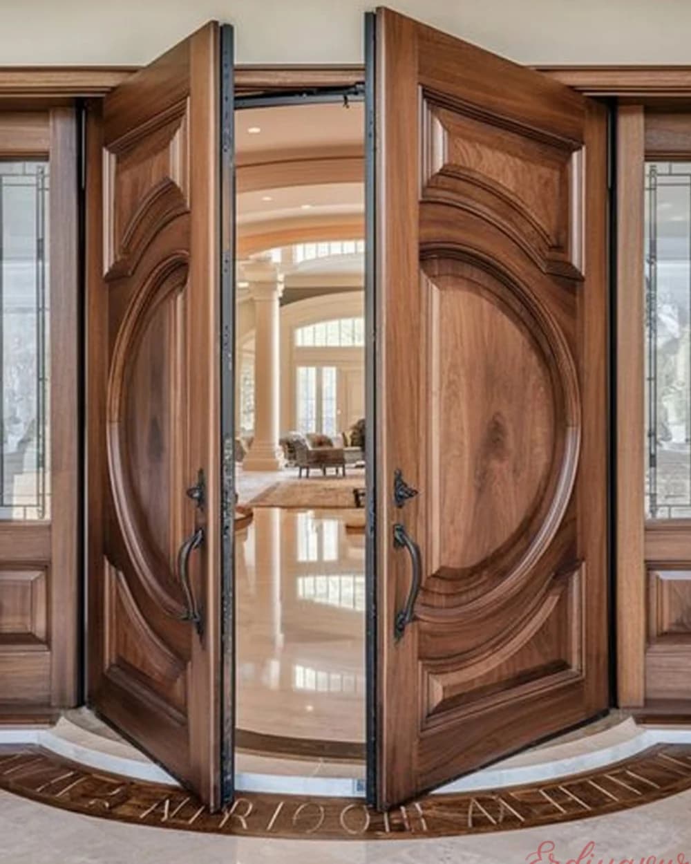 Classic Walnut Double Leaf Pivot Door with Oval Carving — product code BY-304