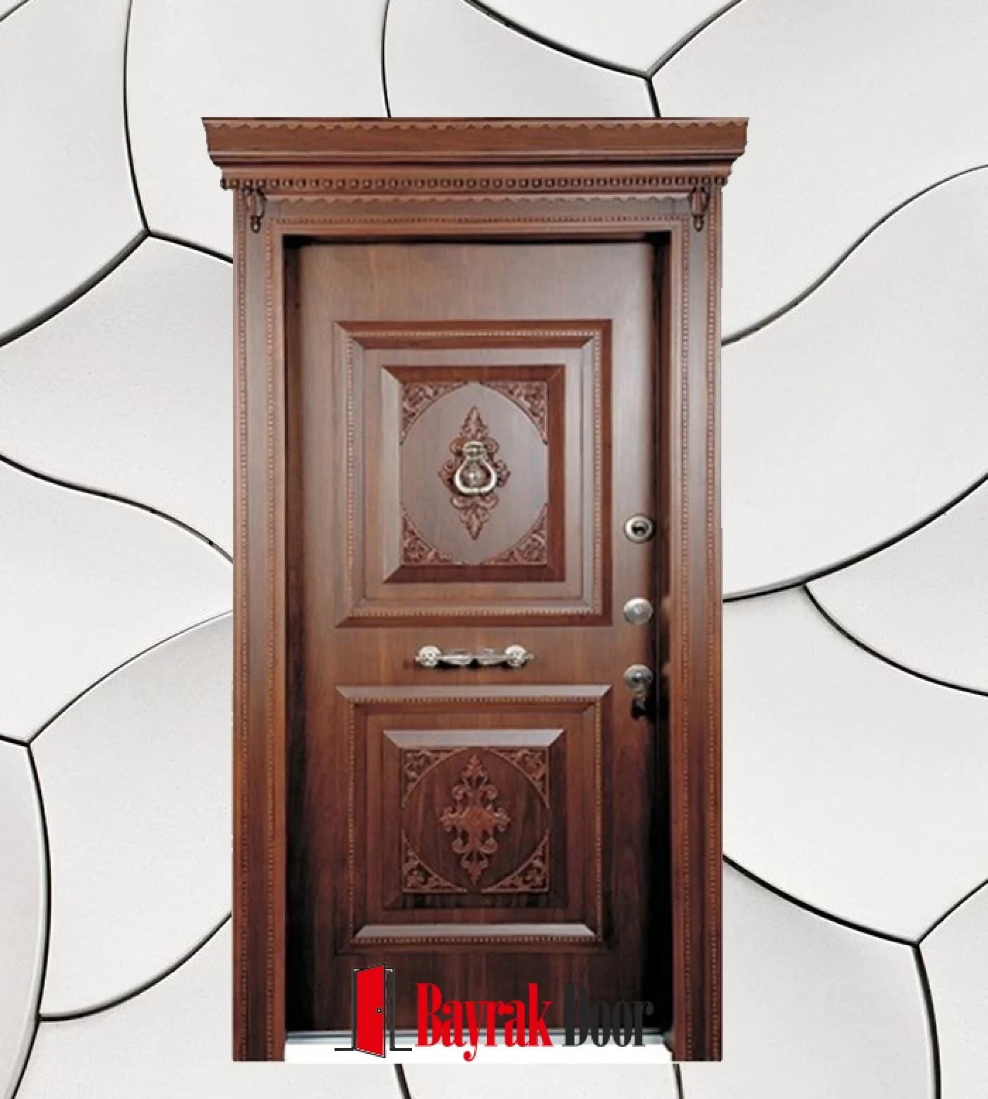 Oval Medallion Dark Walnut Steel Door C-TR700 — Dark walnut flat entrance door with an embossed oval medallion and a floral lower panel