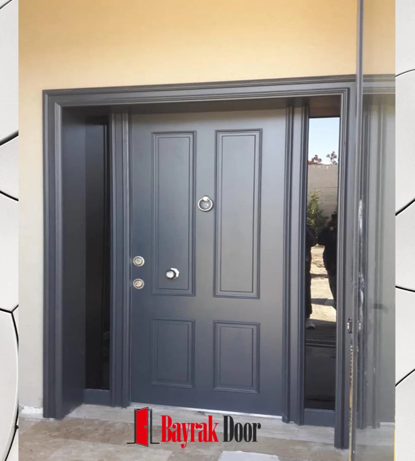 Paneled Anthracite Grey Villa Door BD-TR104 — Anthracite grey paneled leaf with a narrow vertical glass strip alongside