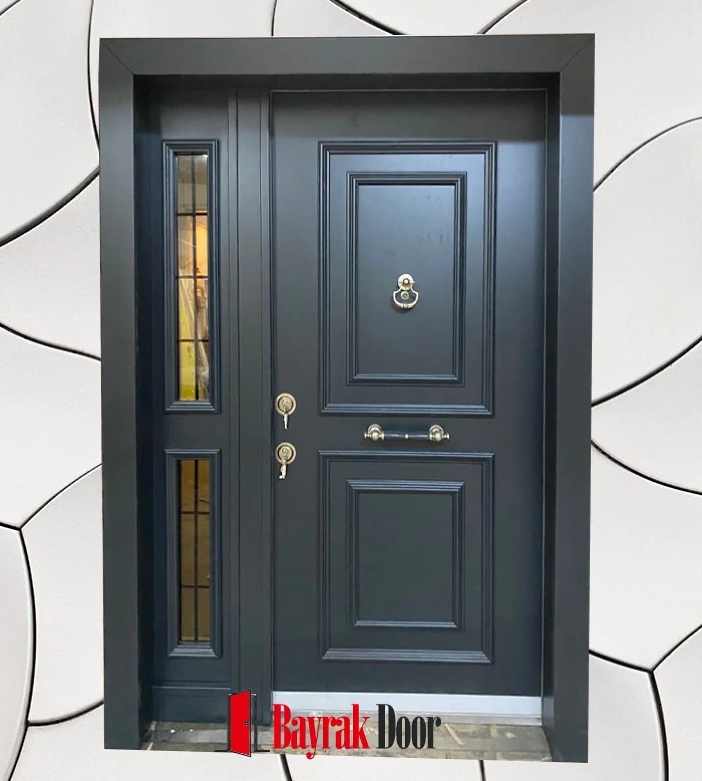 Paneled Anthracite Grey Villa Door BD-TR55 — Anthracite grey panels with a gold knocker and a narrow divided sidelight