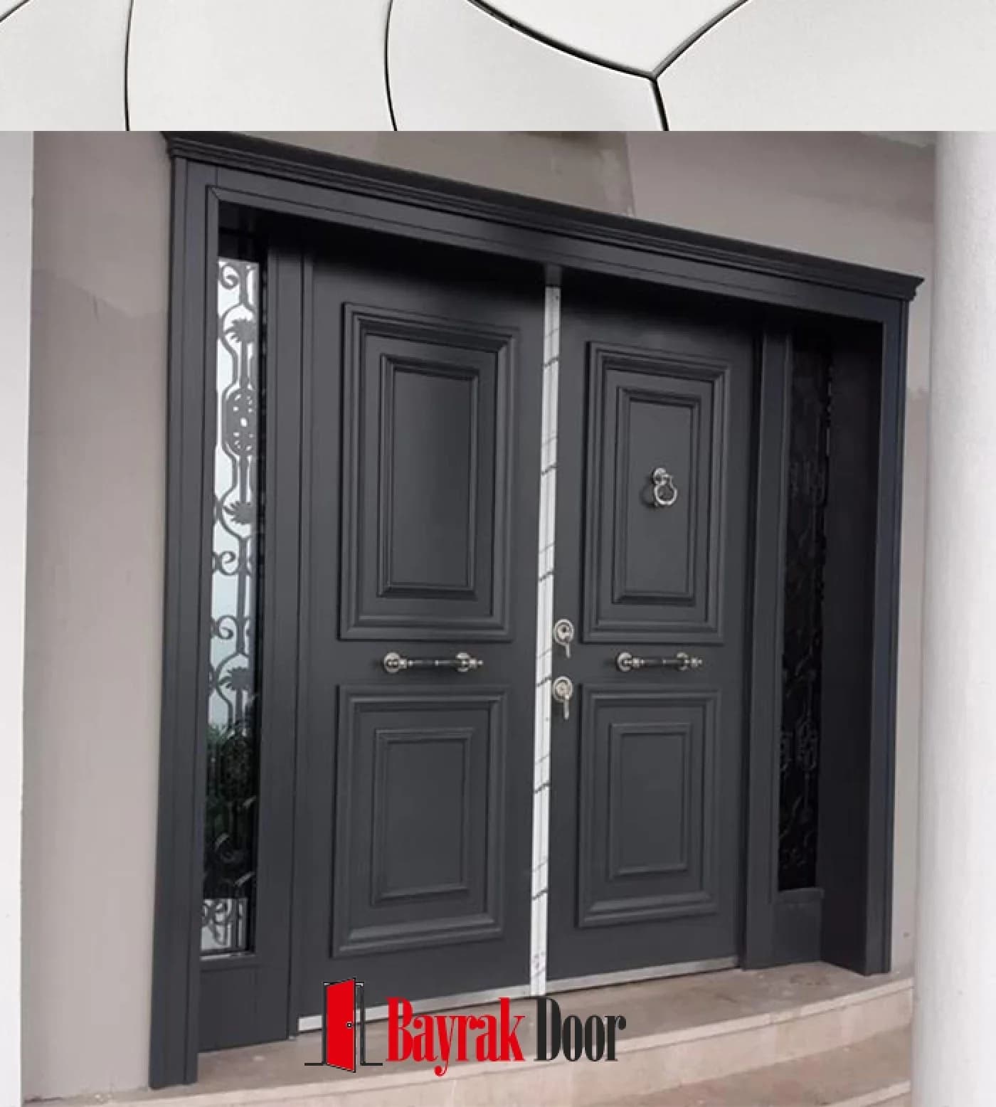 Paneled Anthracite Grey Villa Door BD-TR83 — Anthracite paneled double leaf with narrow wrought iron worked sidelights